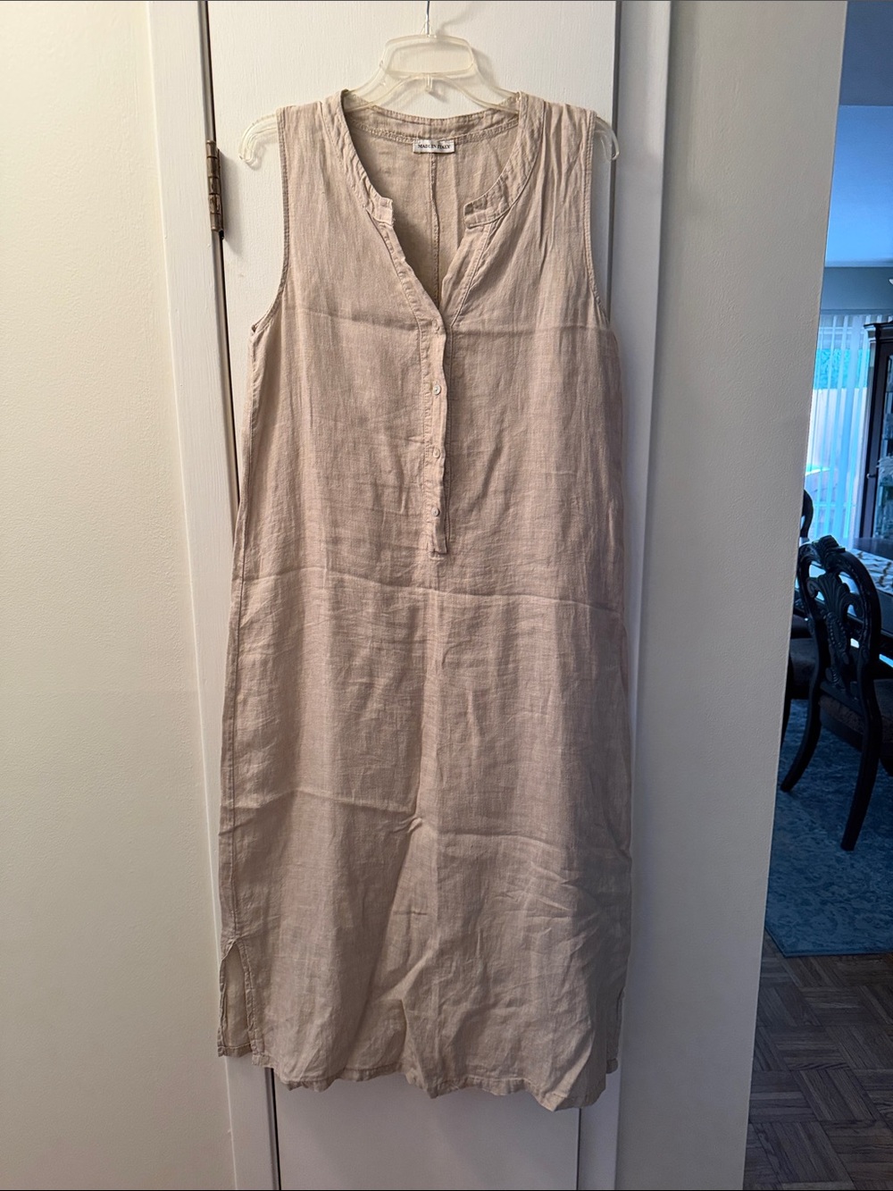 Sleeveless Linen Button-Front Midi Dress in Light Beige